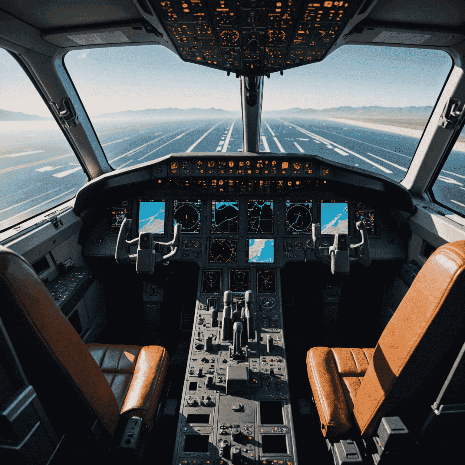 A modern cockpit of a commercial airliner with advanced avionics and a pilot's hand on the controls, showcasing the high-tech environment of modern aviation