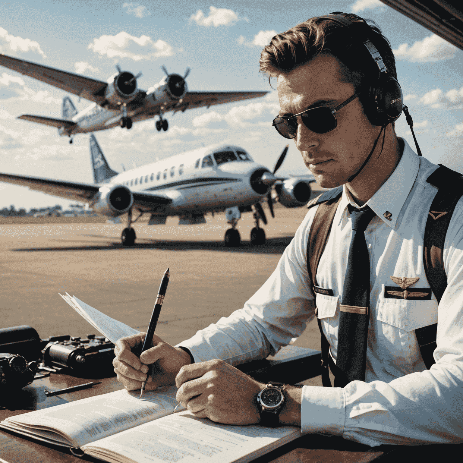 An image depicting new aviation regulations, showing a pilot studying a rulebook with an airplane in the background