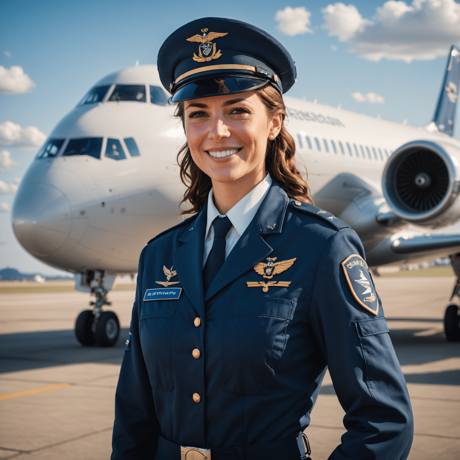 Sarah Johnson, a female pilot standing in front of a commercial airliner, wearing a captain's uniform and smiling confidently