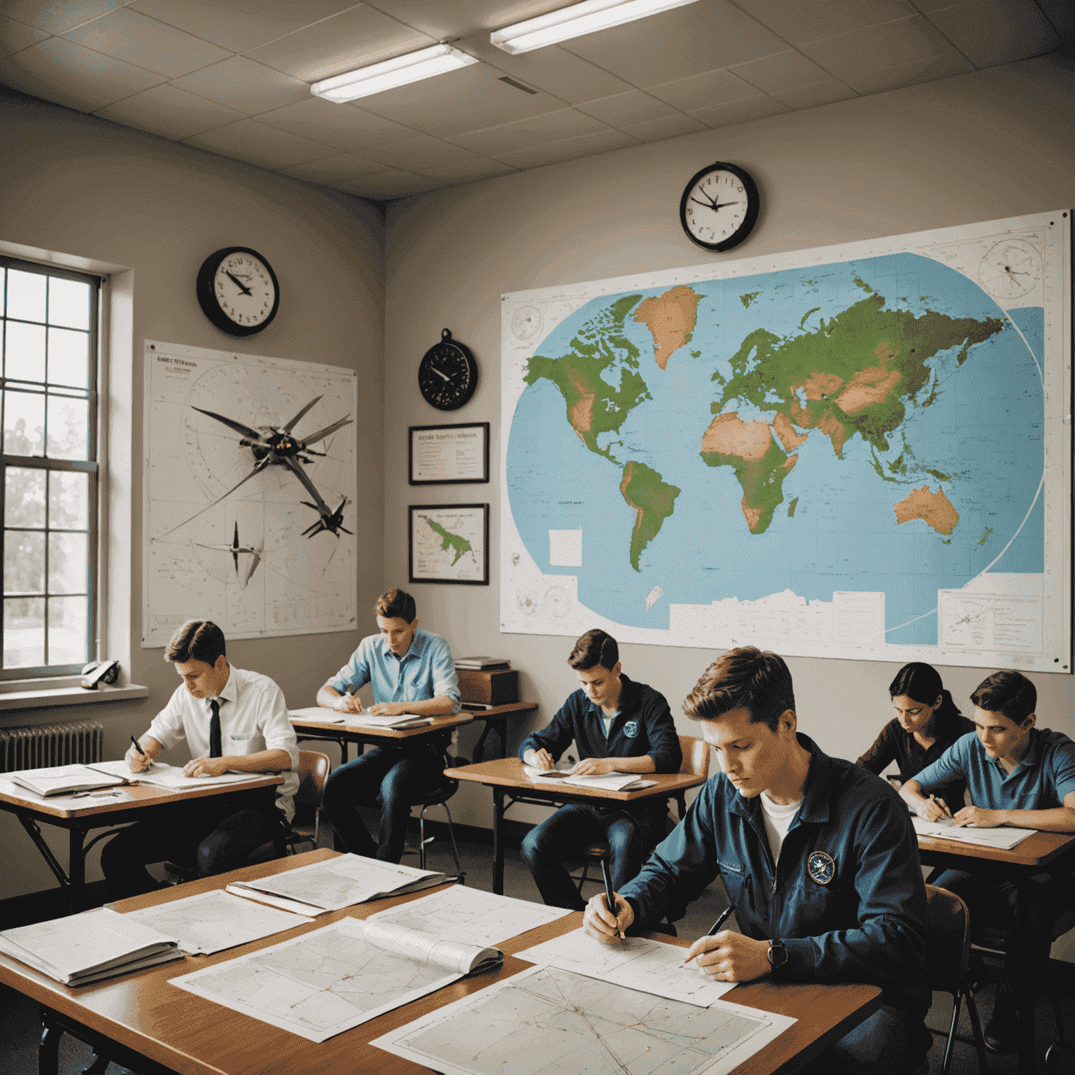 A classroom setting with aviation charts and diagrams on the wall, students studying flight theory