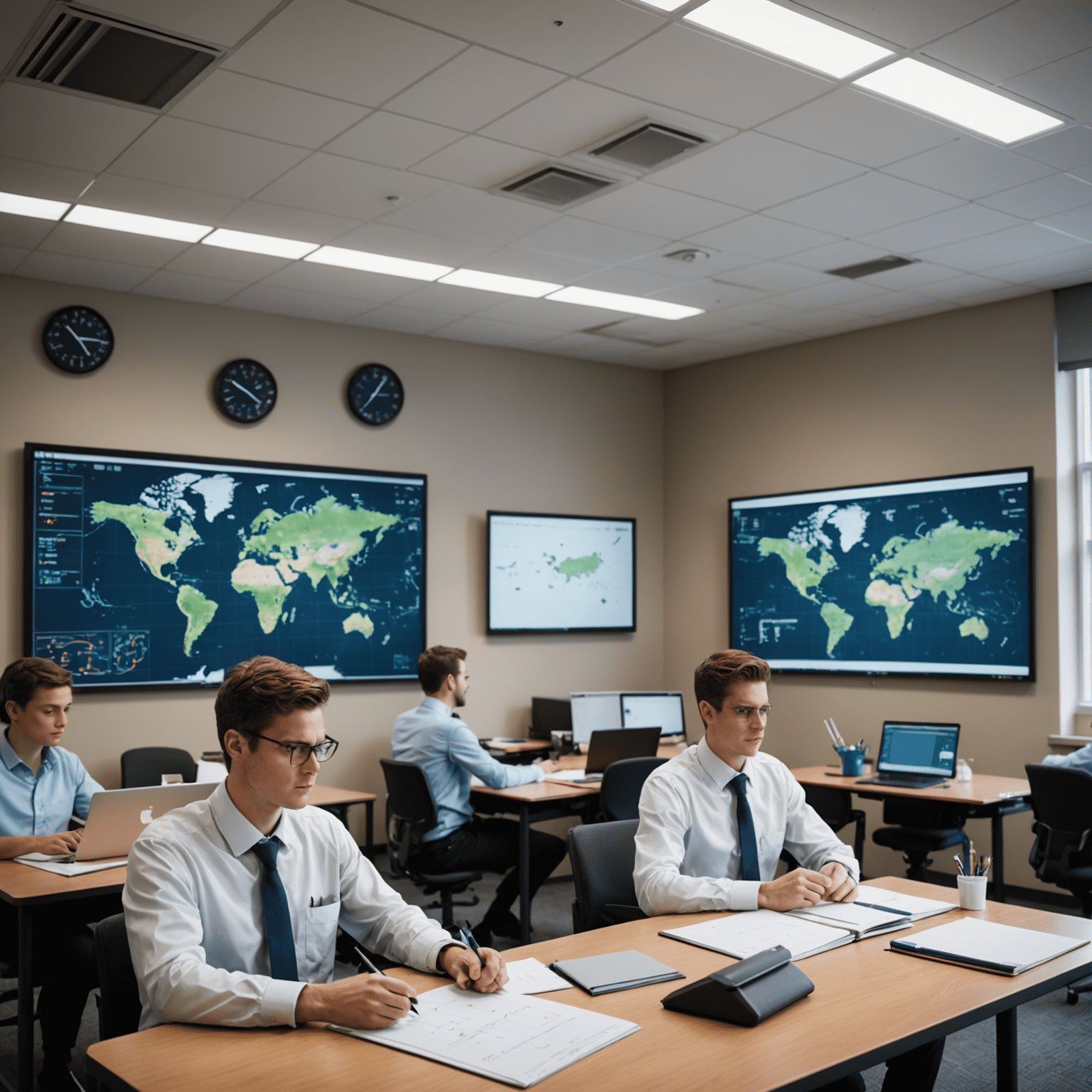 A classroom setting with students studying aviation theory, charts, and diagrams visible on screens and whiteboards