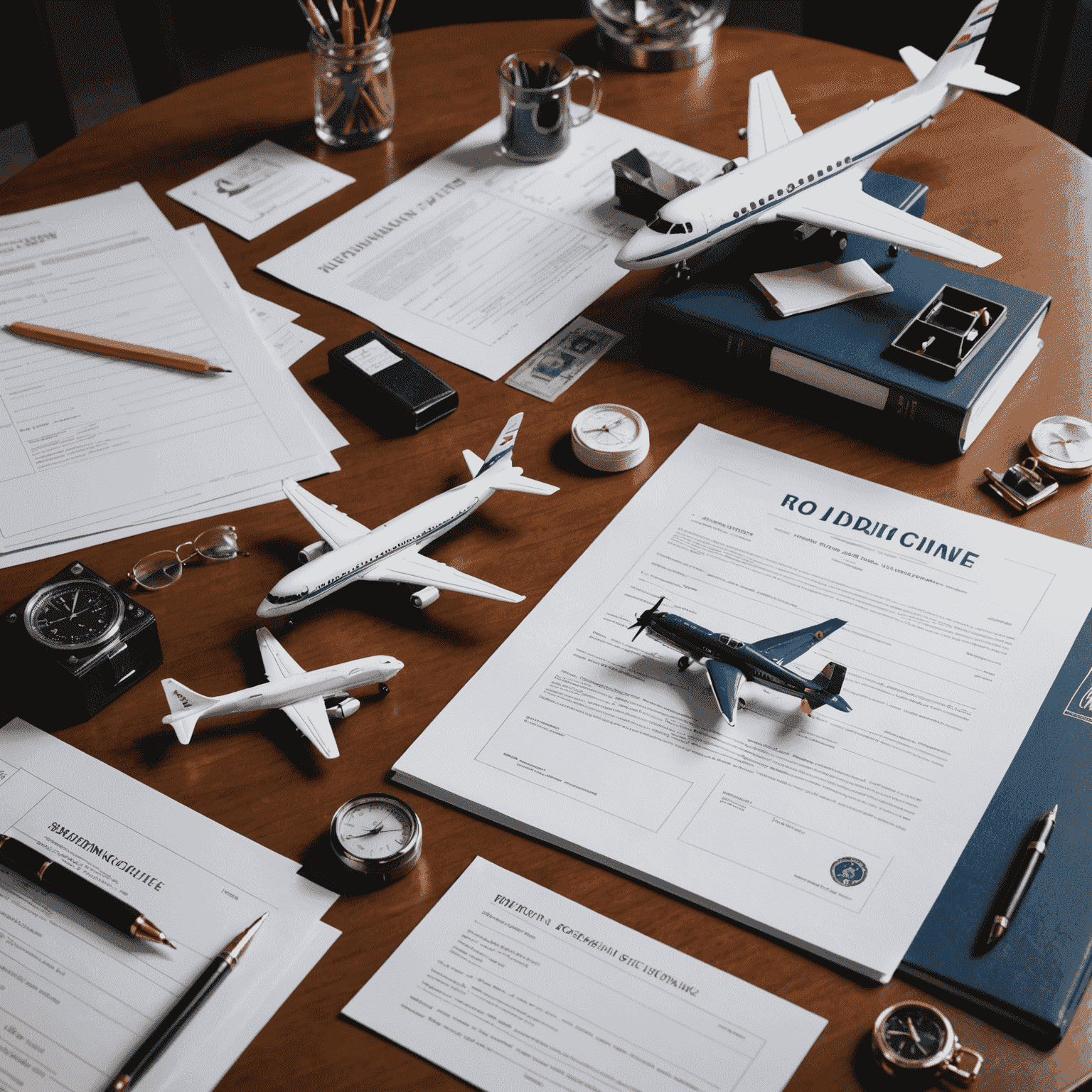 A desk with various aviation documents, pilot license application forms, and a model airplane, symbolizing the process of preparing documents for pilot training and licensing