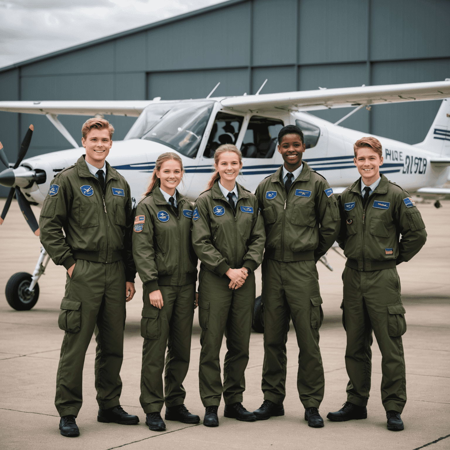 A diverse group of students in pilot uniforms standing in front of a small training aircraft, symbolizing the inclusive and hands-on nature of our aviator courses