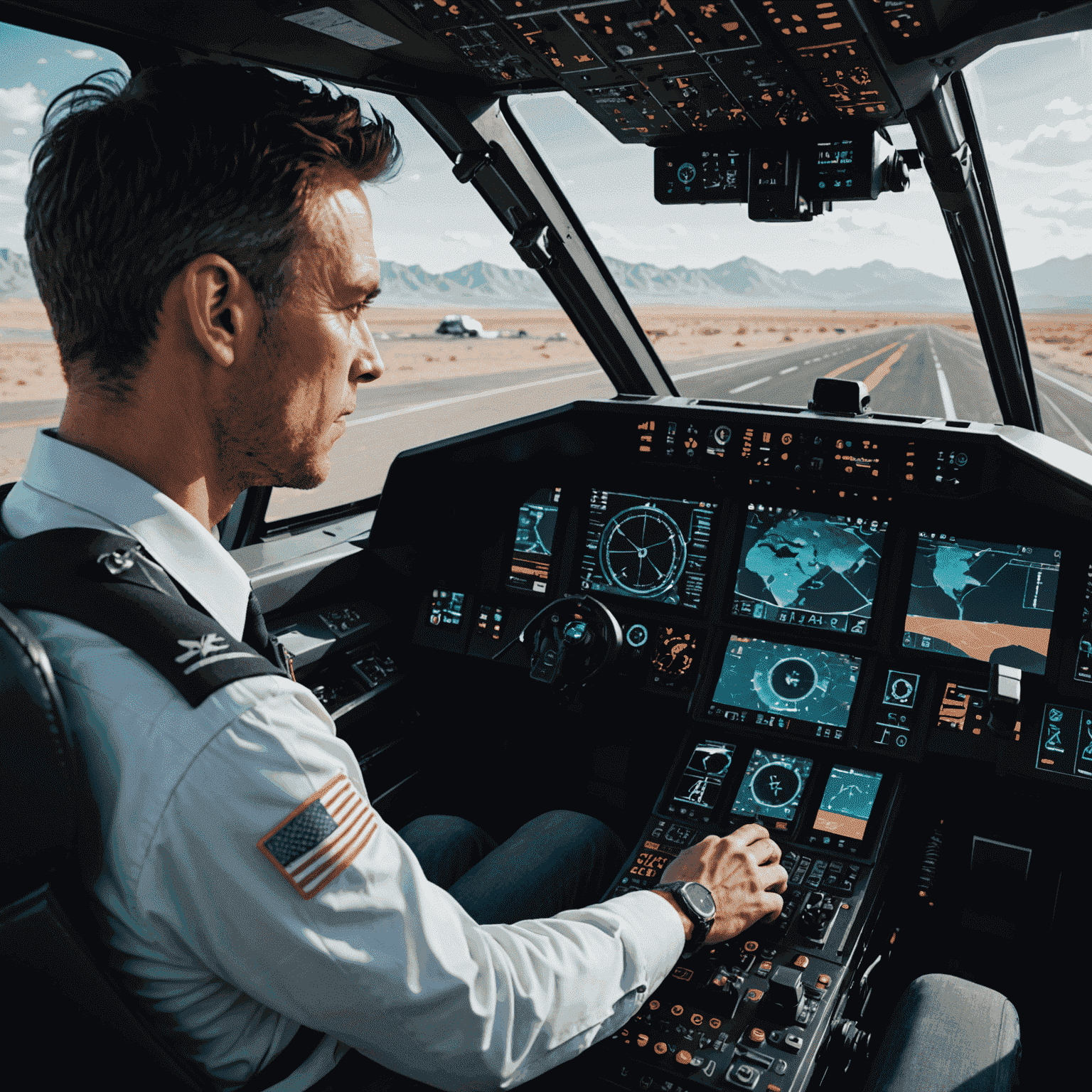 A pilot interacting with an AI-powered cockpit interface, showing holographic displays and touch controls