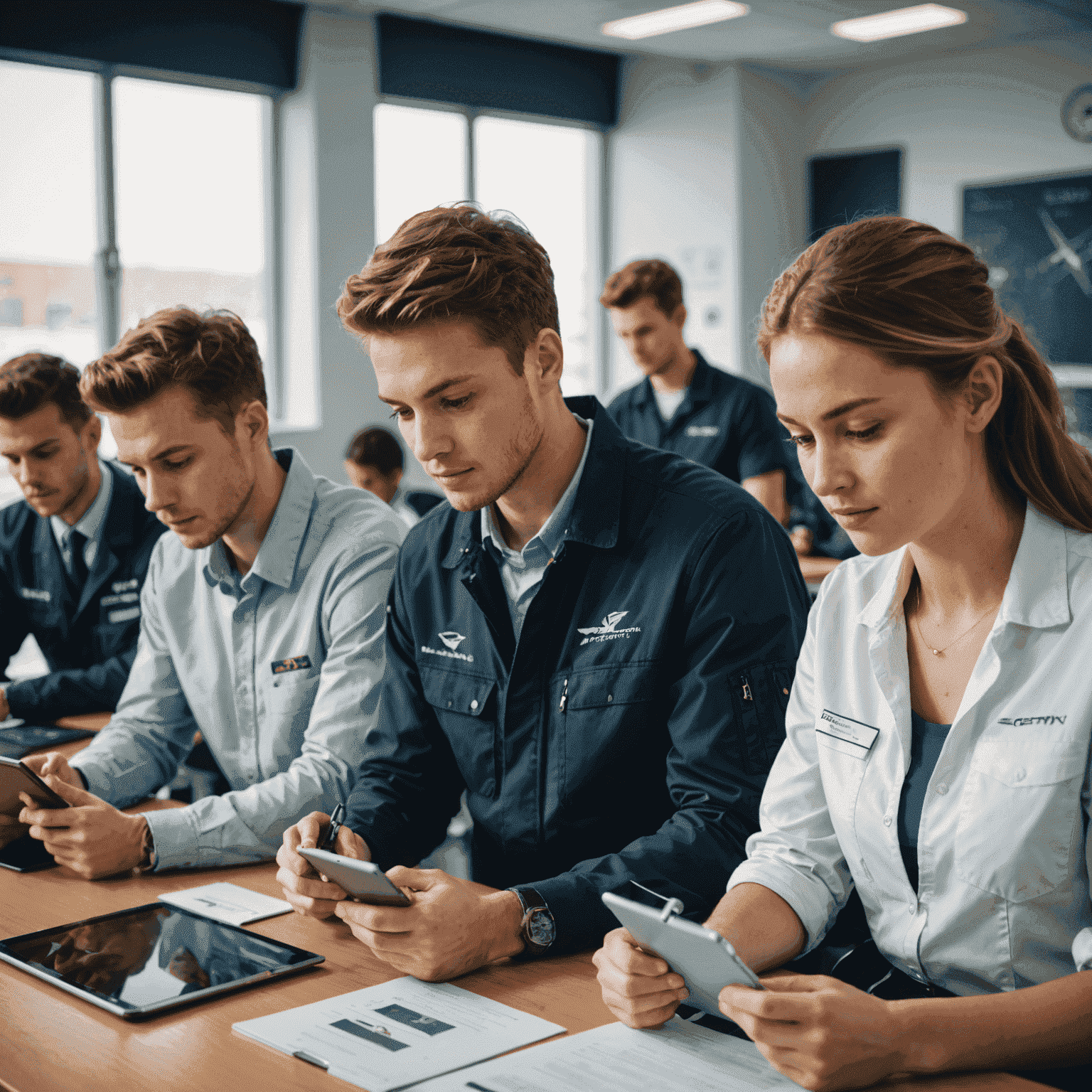 A group of aviation students in a classroom setting, studying new regulations on digital tablets