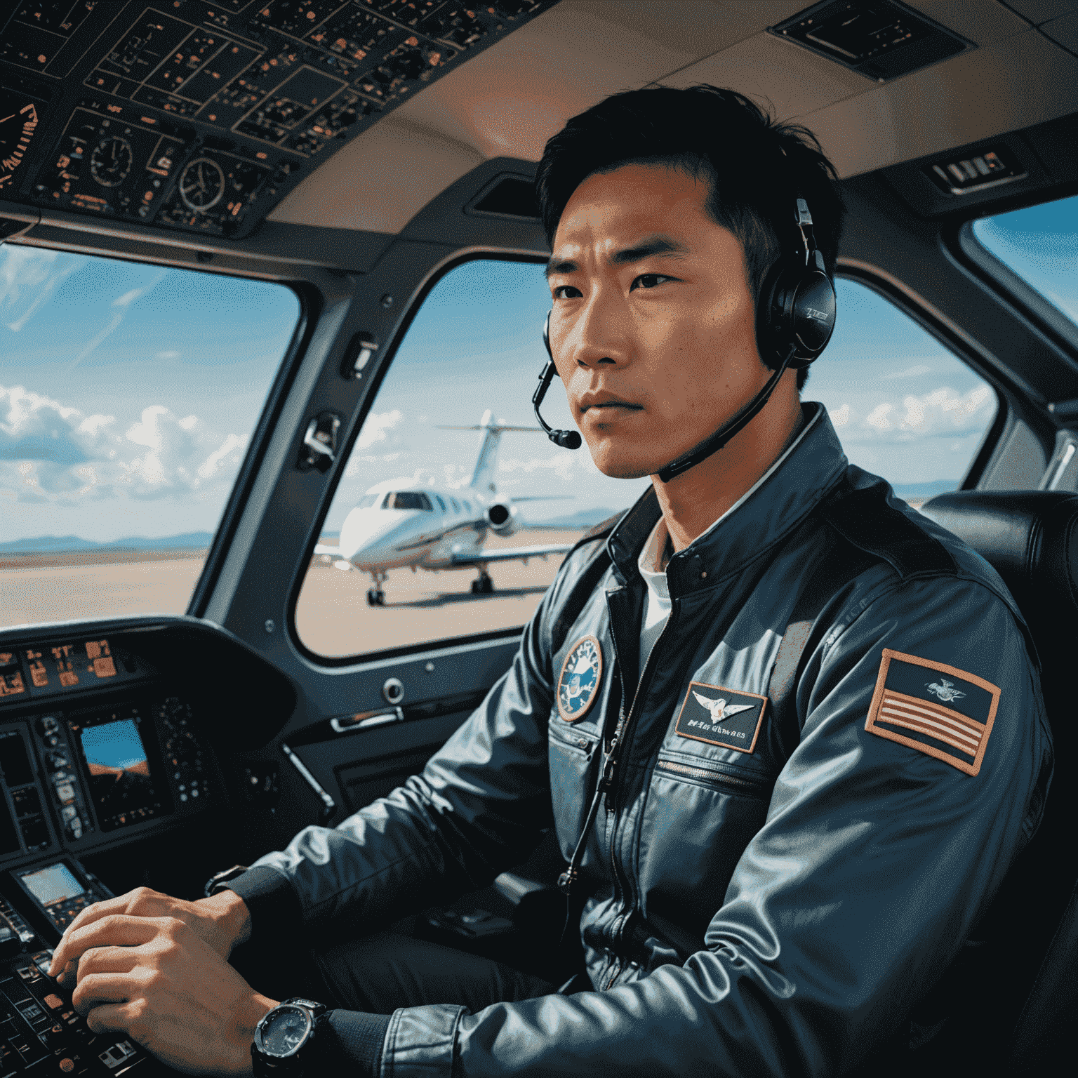 Michael Chen, an Asian male pilot in the cockpit of a private jet, adjusting controls and looking focused