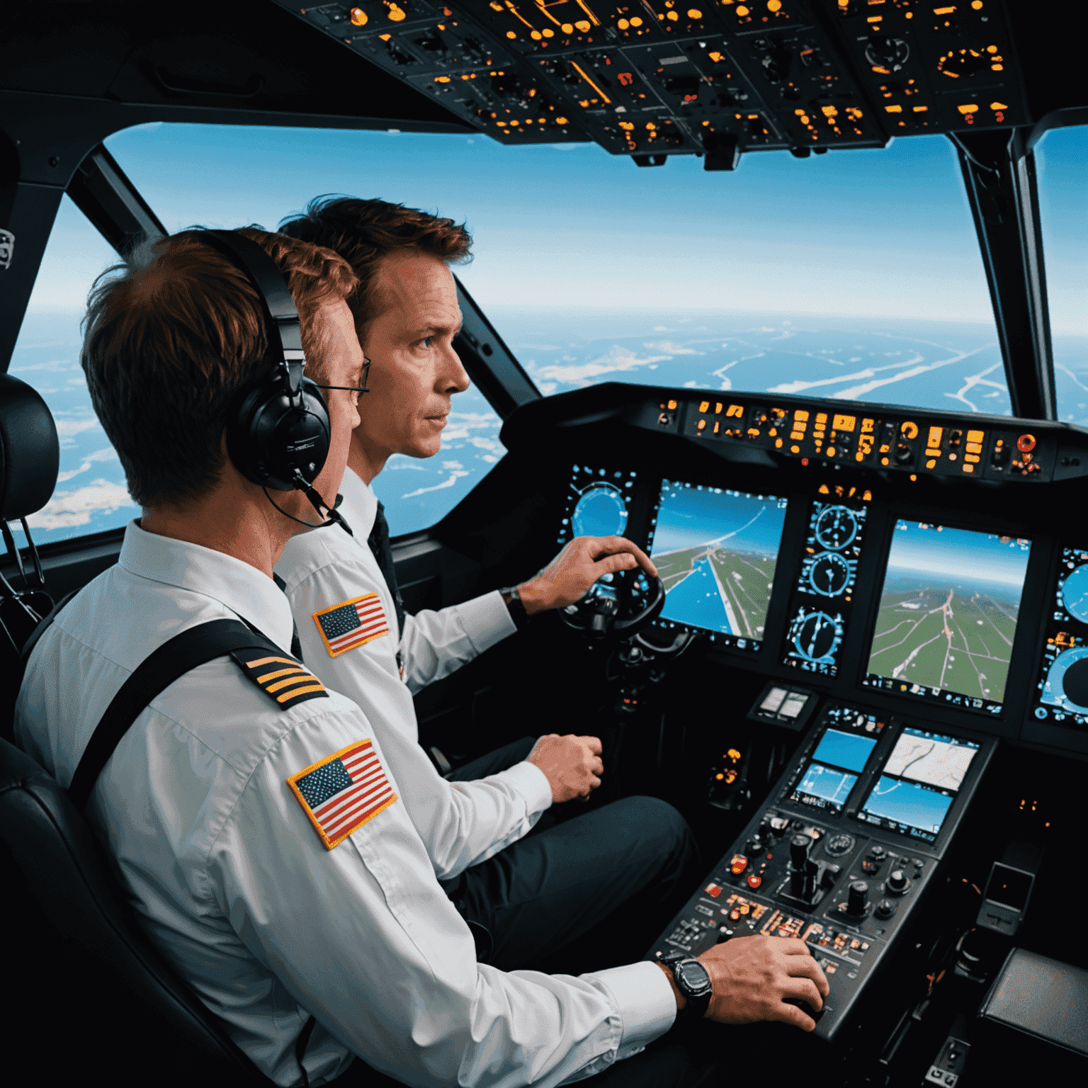 Instructor guiding a student pilot through a complex flight scenario on an advanced simulator