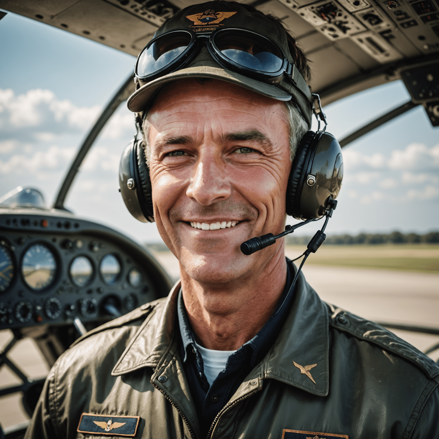 Portrait of a seasoned male aviator instructor with a friendly smile, wearing a pilot uniform