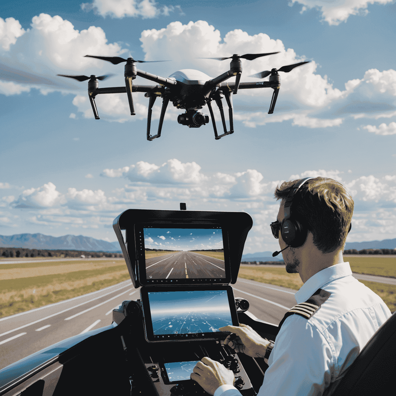 A split image showing a pilot operating a drone using a tablet interface on one side, and an autonomous passenger aircraft in flight on the other