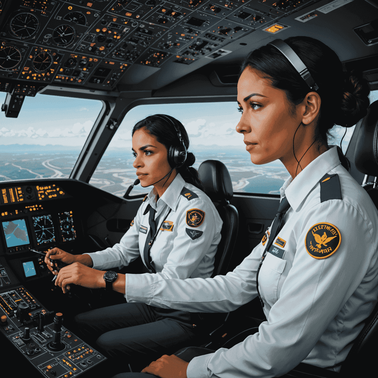 Elena Rodriguez, a Latina woman in a flight instructor uniform, teaching a student in a flight simulator