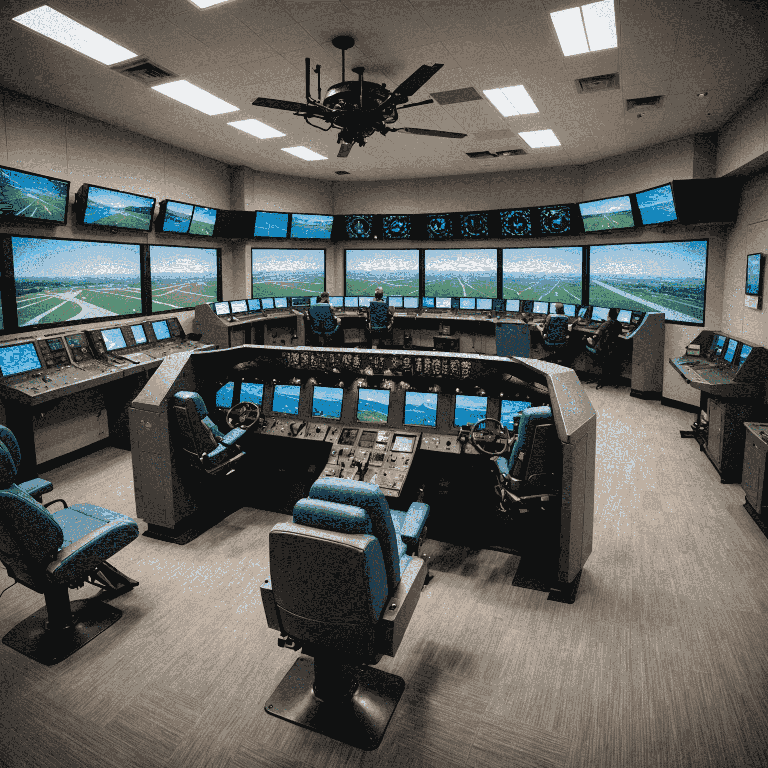 Wide-angle view of multiple flight simulators in a modern training facility with students and instructors