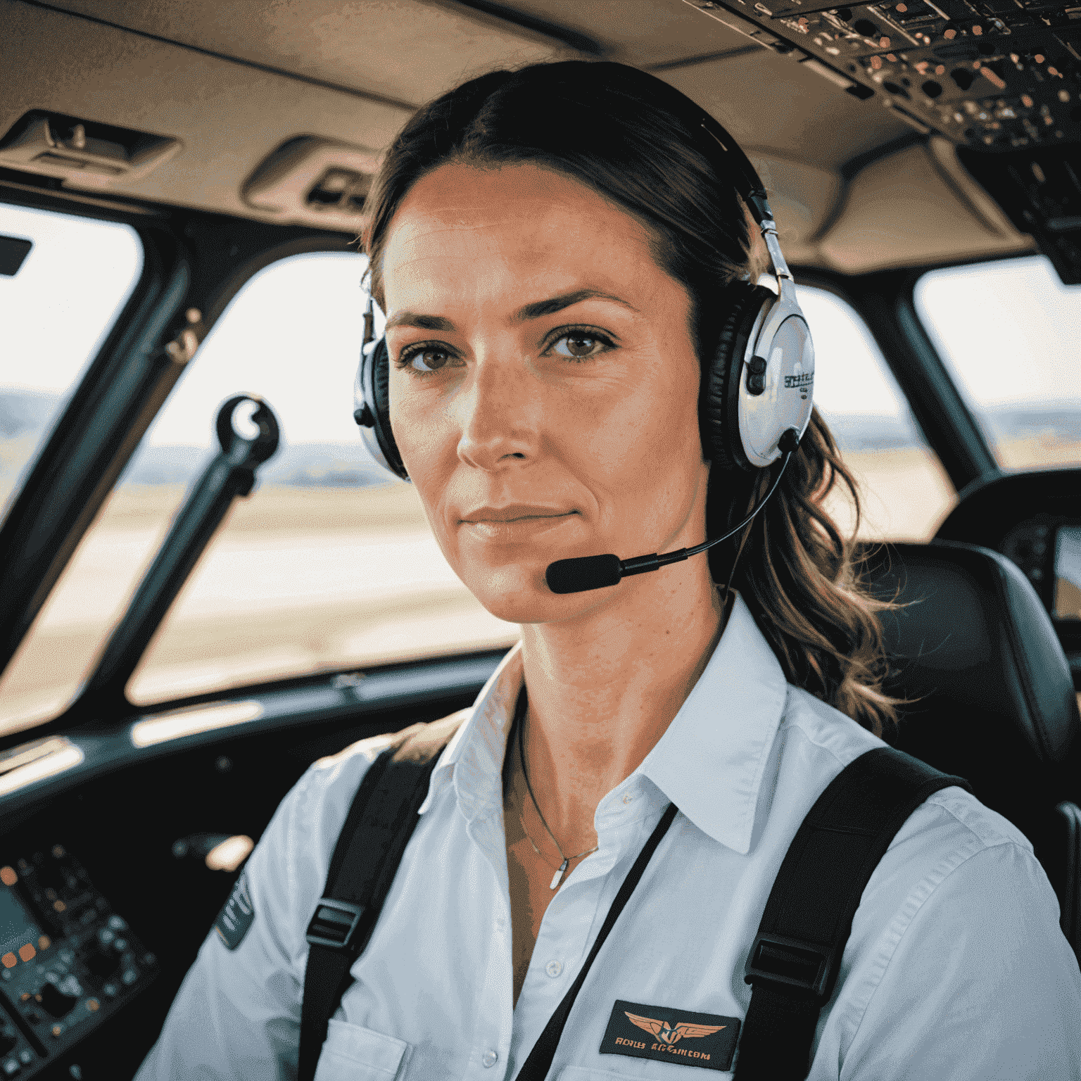 Portrait of a professional female flight instructor in her 30s, wearing aviation headset