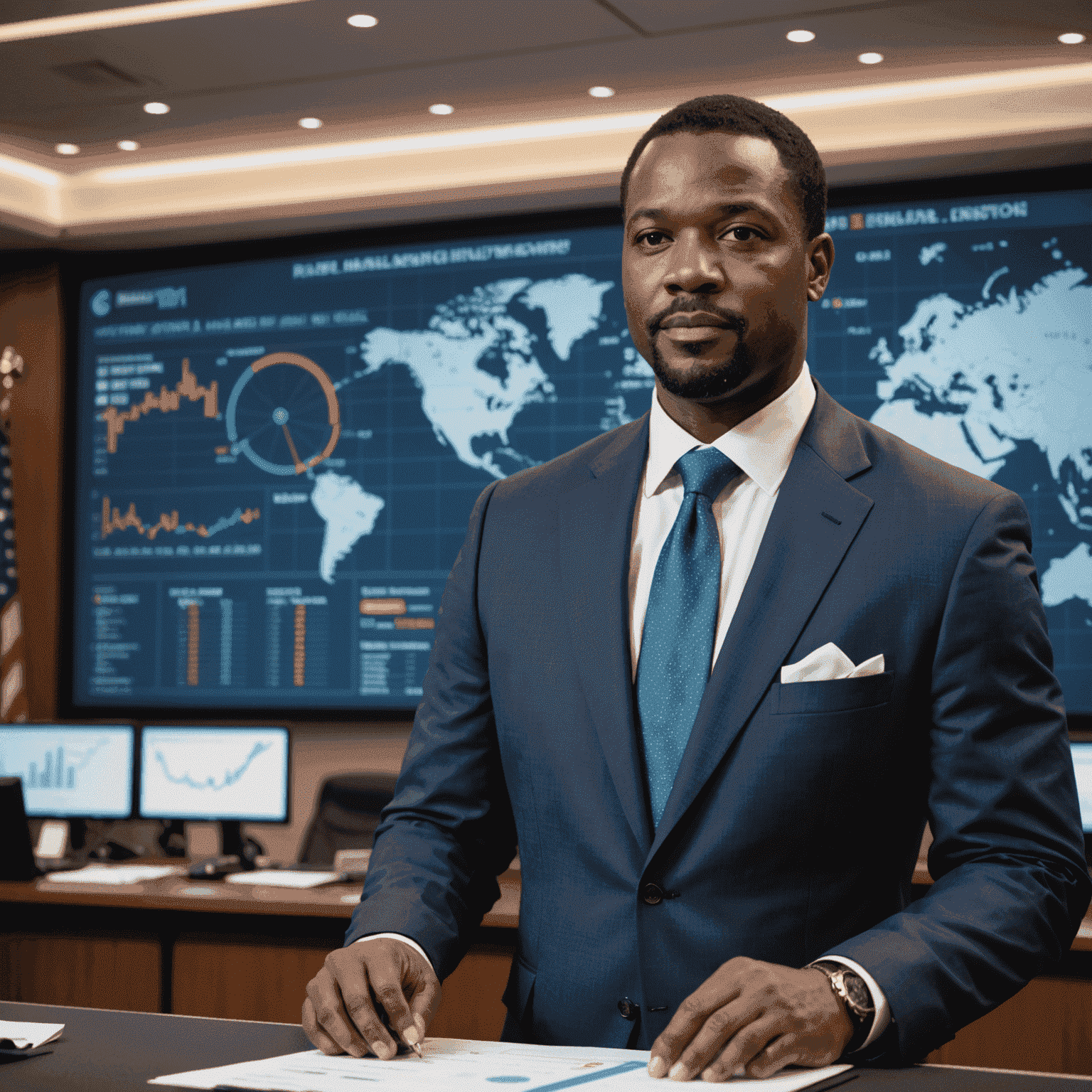 James Thompson, an African American male in a business suit, presenting at an aviation conference with charts and graphs behind him