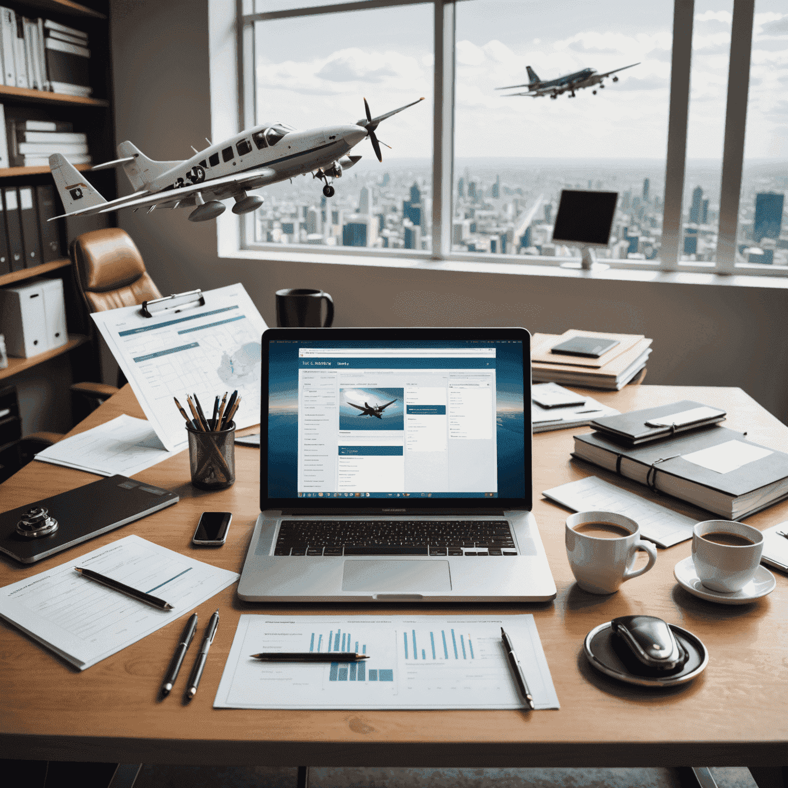 A desk with various aviation forms, licenses, and a computer showing online application processes