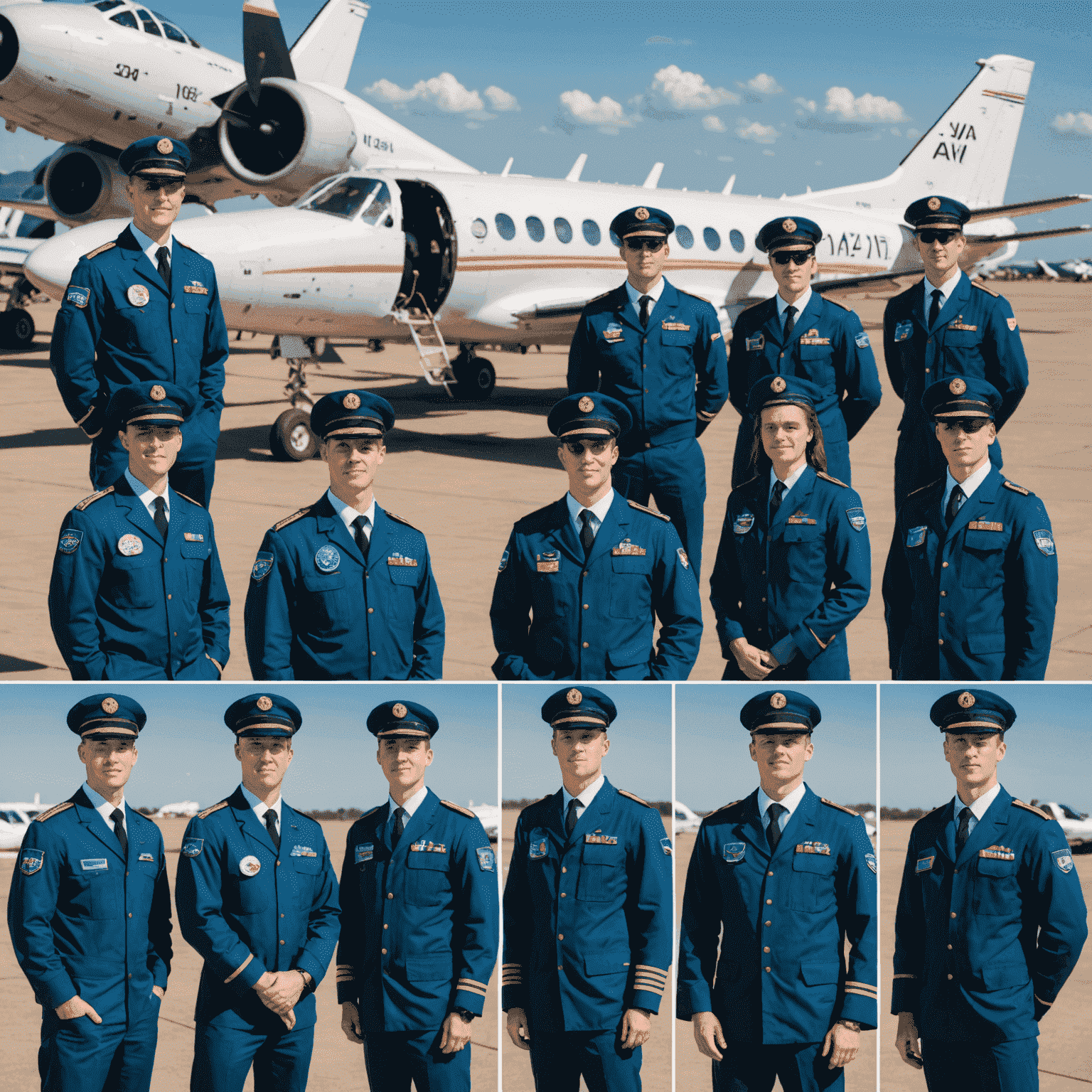 A collage of successful avi-master graduates in pilot uniforms standing in front of various aircraft