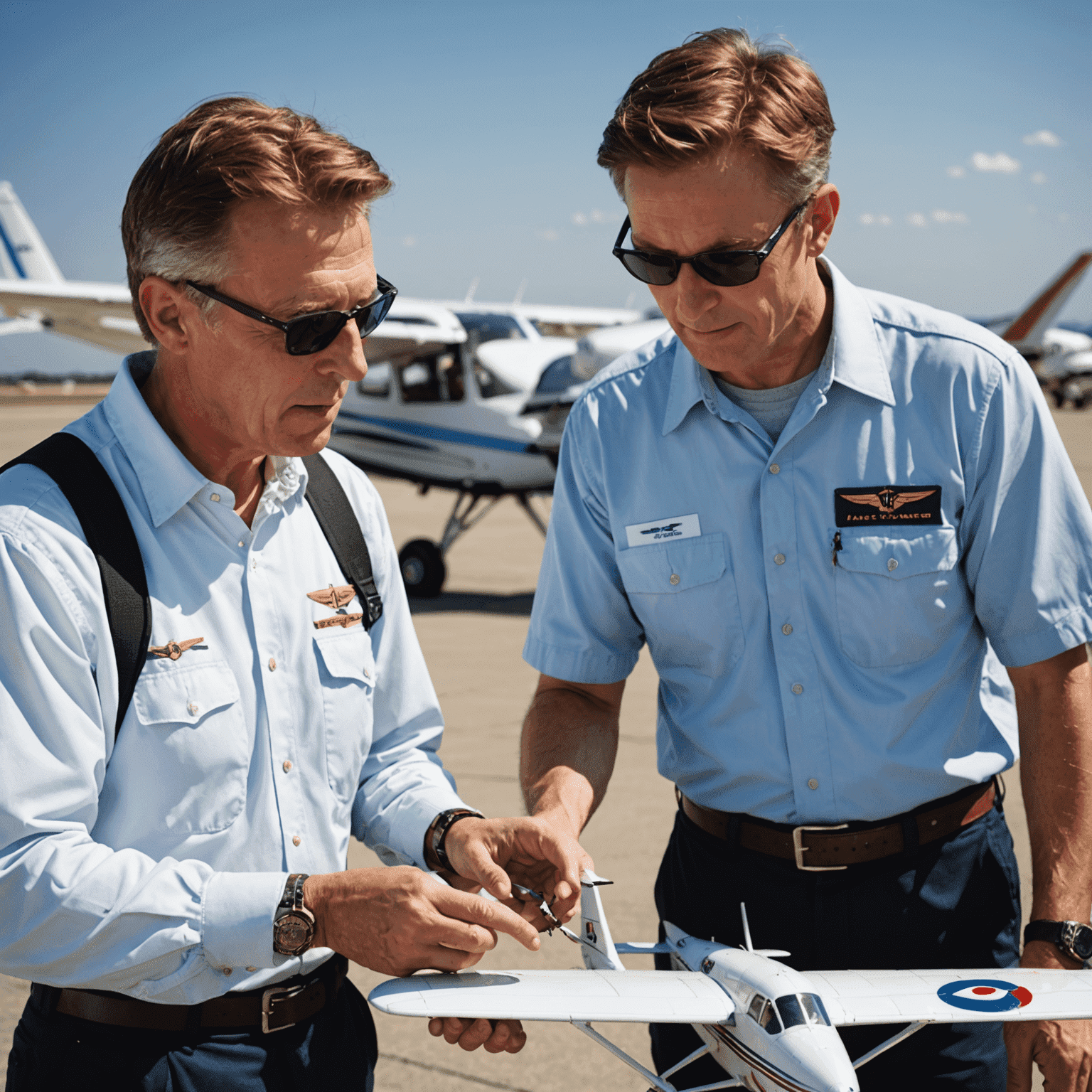 An experienced flight instructor explaining aviation concepts to a student pilot using a model airplane